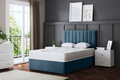 Amelia Blue Upholstered Panel Divan Bed with Headboard Small Single