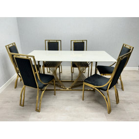 Amelia  Ceramic 180cm Gold + Windsor Dining Chair (Set of 6)