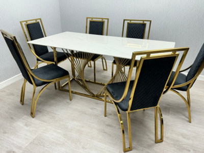 Amelia  Ceramic 180cm Gold + Windsor Dining Chair (Set of 6)
