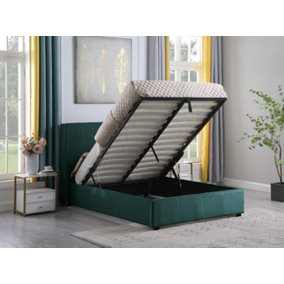 Amelia Plus 4'6" Double Storage Lift Bed Frame in Green Velvet Fabric