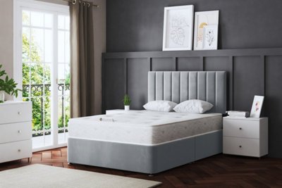 Amelia Silver Upholstered Panel Divan Bed with Headboard Double