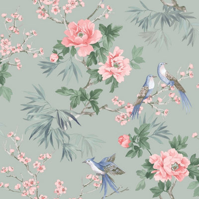 Amelie Chinoiserie Bird Wallpaper Sage Green / Pink Rasch 260568