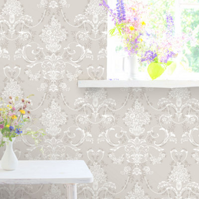 Amelie Damask Floral Mushroom & White Wallpaper 260253