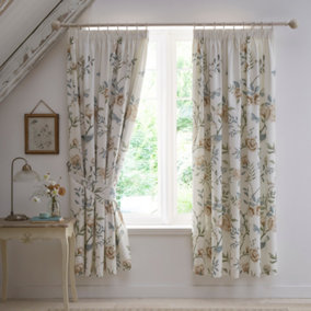Amelle Floral Print Pair of Pencil Pleat Curtains With Tie-Backs