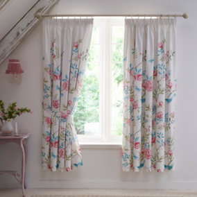 Amelle Floral Print Pair of Pencil Pleat Curtains With Tie-Backs