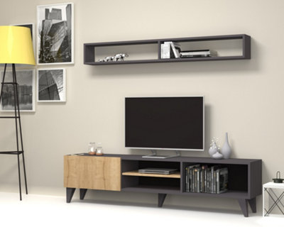 Amore TV unit and Wall Shelves - Grey/Oak up to 65 inch TV