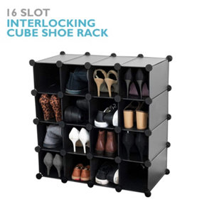 AMOS 16 Pair Interlocking Cube Shoe Storage Rack Organiser with Adjustable Modular Slot Shelf Box  - Black