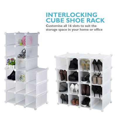 AMOS 16 Pair Interlocking Cube Shoe Storage Rack Organiser with Adjustable Modular Slot Shelf Box - White
