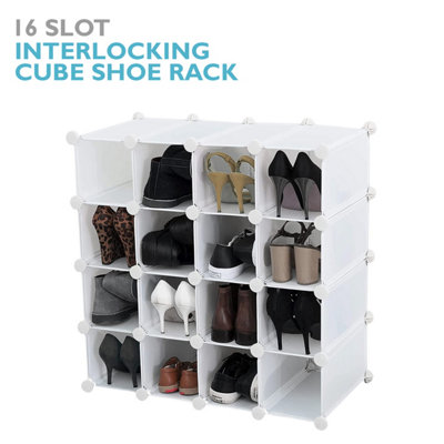 AMOS 16 Pair Interlocking Cube Shoe Storage Rack Organiser with Adjustable Modular Slot Shelf Box - White