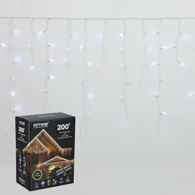 AMOS 200 LED Battery Powered Christmas Icicle Lights In White with Memory Function Timer