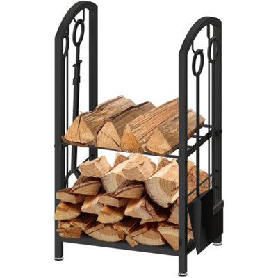 AMOS Fireplace Log Rack with 4 Fireplace Tools Black