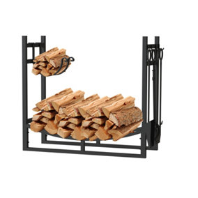 AMOS Firewood Stand Log Rack Holder with 4 Piece Fireplace Tools Set Black