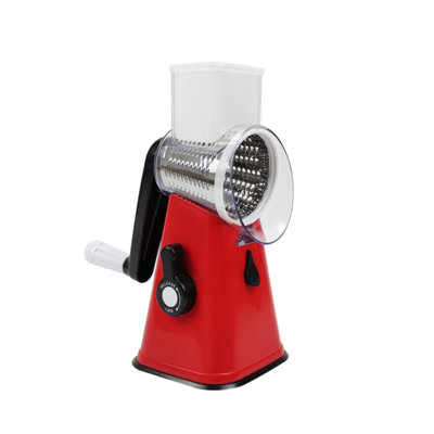 AMOS Rotary Multifunction Cheese Grater, Vegetable Fruit Slicer with 3 Stainless Steel Drum Blades - Red
