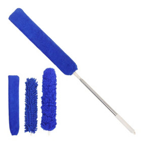 AMOS Telescopic Feather Duster With Washable 5 Piece Kit Extendable Pole Microfiber Cloths Dust Brush - Blue