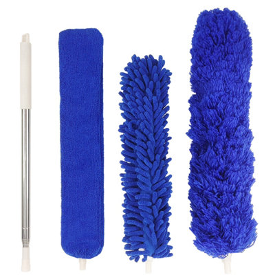 AMOS Telescopic Feather Duster With Washable 5 Piece Kit Extendable Pole Microfiber Cloths Dust Brush - Blue
