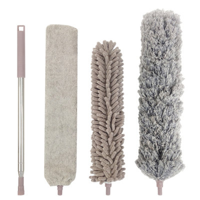 AMOS Telescopic Feather Duster With Washable 5 Piece Kit Extendable Pole Microfiber Cloths Dust Brush - Grey
