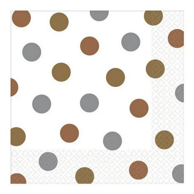 Amscan 2 Ply Polka Dot Napkins (Pack of 16) White/Bronze/Gold (13in)