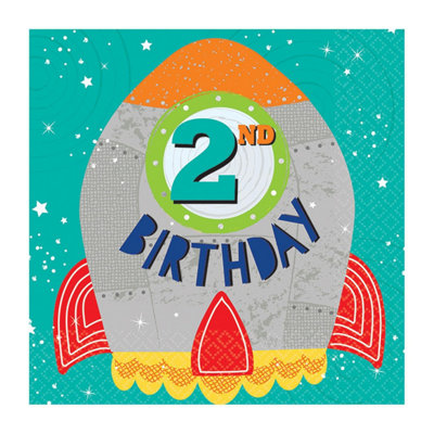 Amscan Blast Off 2nd Birthday Napkins (Pack Of 16) Green/Grey/Red (33cm)
