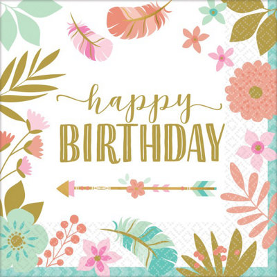 Amscan Boho Happy Birthday Disposable Napkins (Pack of 16) White/Pink/Gold (One Size)