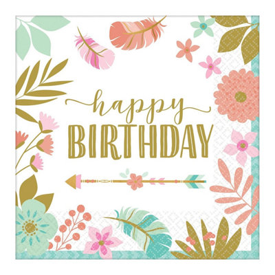 Amscan Boho Happy Birthday Napkins (Pack of 16) Multicoloured (One Size)