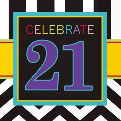 Amscan Celebrate 21st Birthday Disposable Napkins (Pack of 16) Black/White/Yellow (One Size)