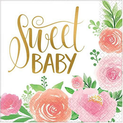 Amscan Floral Baby Shower Disposable Napkins (Pack of 16) Pink/Green/Gold (One Size)