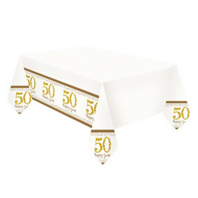 Amscan Gold Anniversary Plastic Tablecover Gold/White (One Size)