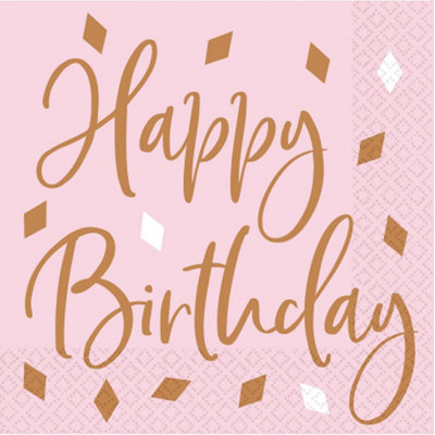 Amscan Happy Birthday Napkins (Pack of 16) Rose Gold (33cm)