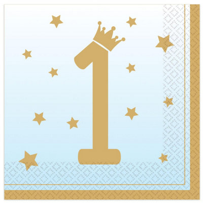 Amscan Luncheon 1st Birthday Napkins (Pack of 16) Blue/Gold (33cm x 33cm)