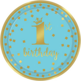 Amscan Paper 1st Birthday Dessert Plate (Pack of 8) Blue/Gold (One Size)