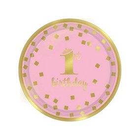 Amscan Paper 1st Birthday Dessert Plate (Pack of 8) Pink/Gold (One Size)