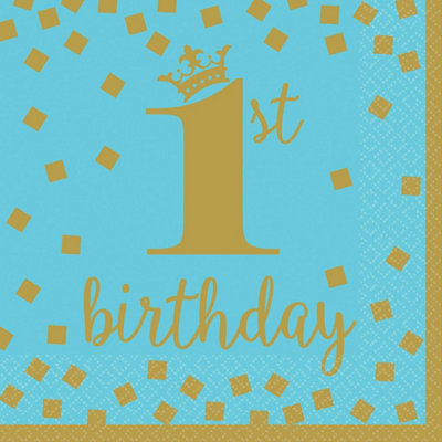 Amscan Paper 1st Birthday Disposable Napkins (Pack of 16) Blue/Gold (One Size)