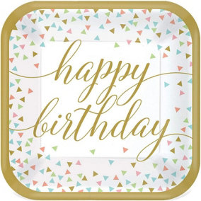 Amscan Paper Confetti Birthday Party Plates (Pack of 18) White/Gold (25cm)