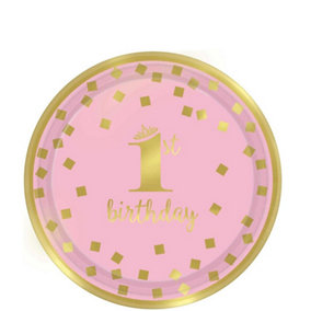 Amscan Paper Metallic 1st Birthday Party Plates (Pack of 8) Pink/Gold (One Size)