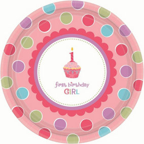 Amscan Paper Polka Dot 1st Birthday Party Plates (Pack of 8) Pink/White (One Size)