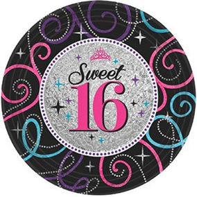 Amscan Paper Prismatic Sweet Sixteen Party Plates (Pack of 8) Black/Pink/Silver (One Size)