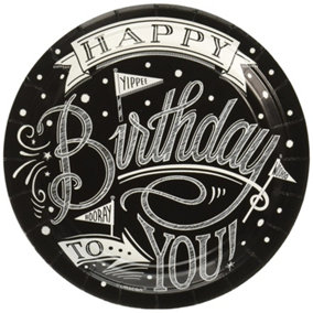 Amscan Paper Round Happy Birthday Party Plates (Pack of 18) Black/White (One Size)