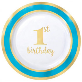 Amscan Plastic 1st Birthday Party Plates (Pack of 10) White/Blue/Gold (XL)