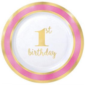 Amscan Plastic 1st Birthday Party Plates (Pack of 10) White/Pink/Gold (XL)