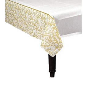 Amscan Plastic Floral 50th Anniversary Party Table Cover White/Gold (One Size)