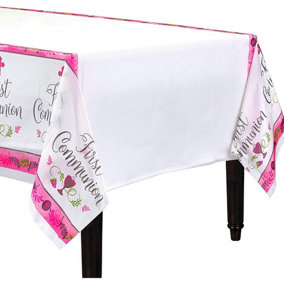 Amscan Plastic Printed Communion Party Table Cover White/Pink (One Size)