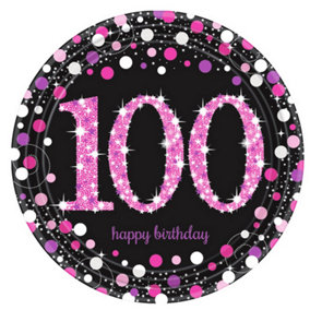 Amscan Prism Pink 100th Birthday Celebration Plates (Pack Of 8) Pink/Black (One Size)