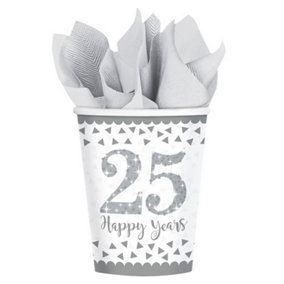 Amscan Silver Anniversary Cups (Pack Of 8) White (266ml)