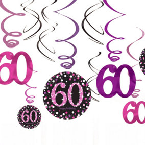 Amscan Sparkling Celebration 60th Birthday Swirl Decorations (Pack of 12) Black/Pink (One Size)