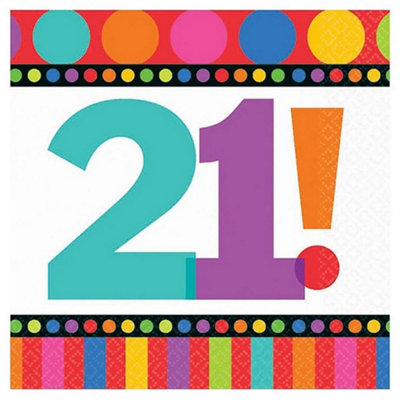 Amscan Stripe And Dotted 21st Birthday Disposable Napkins (Pack of 16) White/Multicoloured (One Size)