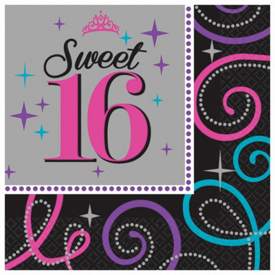 Amscan Sweet 16 Birthday Celebration Party Napkins (Pack Of 16) Black/Silver (One Size)