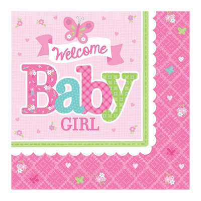 Amscan Welcome Baby Girl Disposable Napkins (Pack of 16) Pink (One Size)