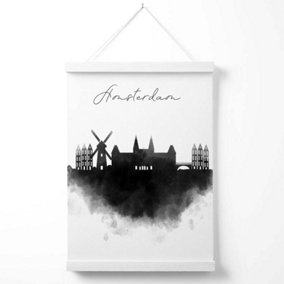 Amsterdam Watercolour Skyline City Poster with Hanger / 33cm / White