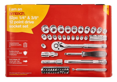 Amtech I0635 52 Piece 1/4" and 3/8" 12 point socket set