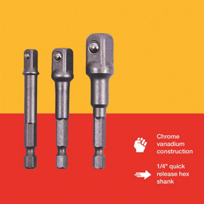 Amtech I5700 Socket Driver Set, Hex Extension Adapter, 3 Piece 1/4", 3/8" and 1/2", For Impact Driver